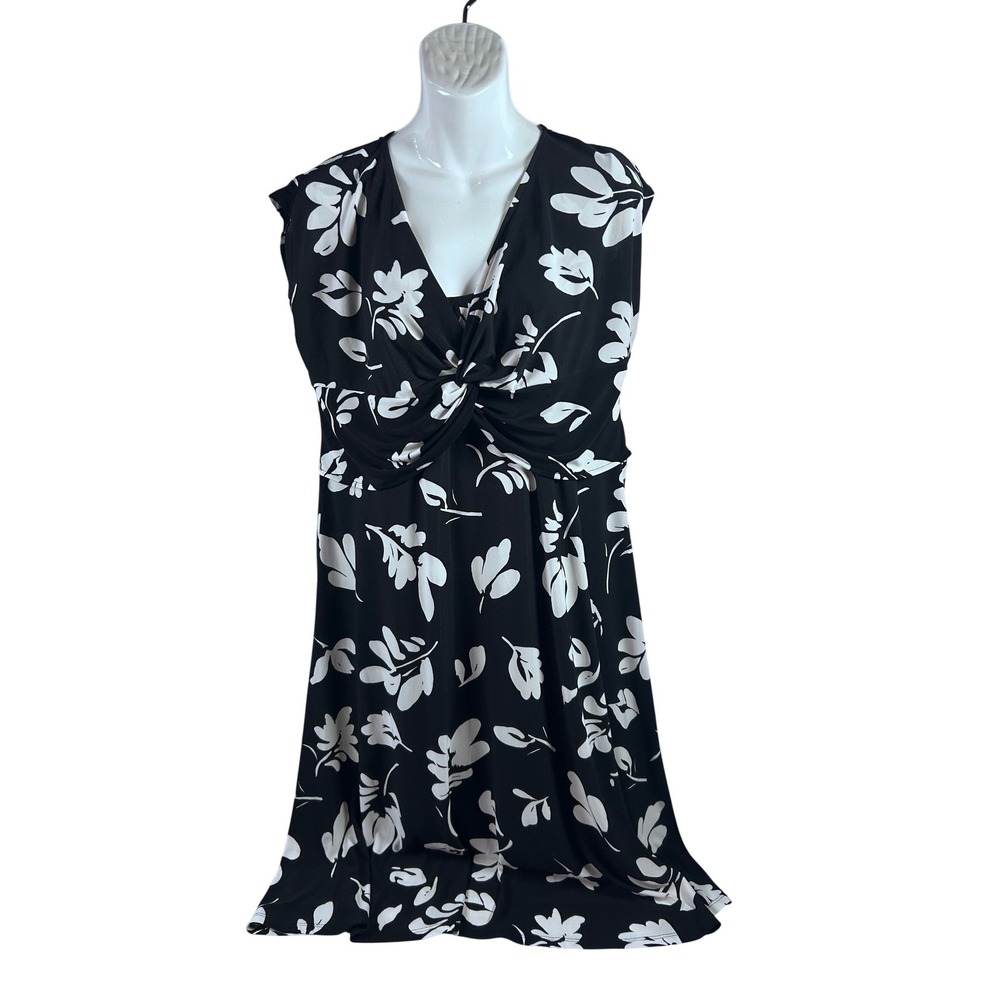 Chaps‎ Floral Twist Front Dress XL Black White Sleeveless Jersey Knit Womens